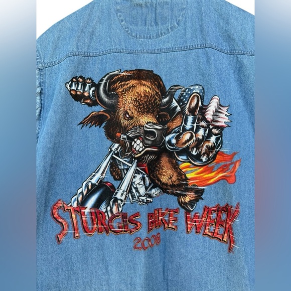 Vintage Y2K Sturgis Biker Denim Button Sleeveless Men’s Shirt Motorcycle Grunge - Picture 2 of 7